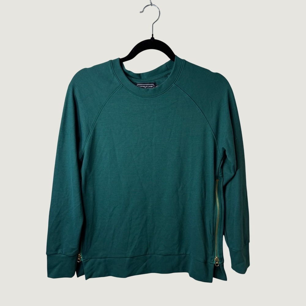 Duffield Lane Green Side Gold Zip Modal Blend Sweatshirt XS Preppy Fall Layering